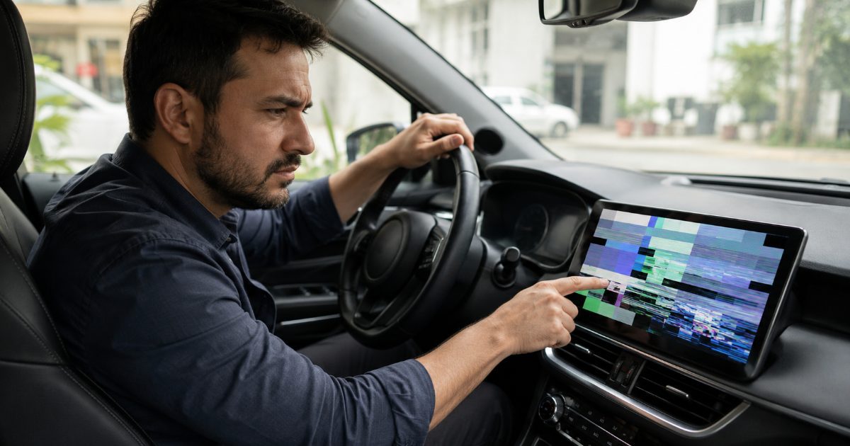 Motorista operando a tela da central multimídia do painel de um carro moderno que apresenta falha