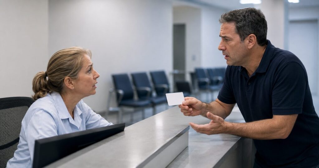Atendente conversa no balcão de recepção de um pronto-socorro com um familiar aflito que segura um cartão, em ambiente hospitalar de emergência.