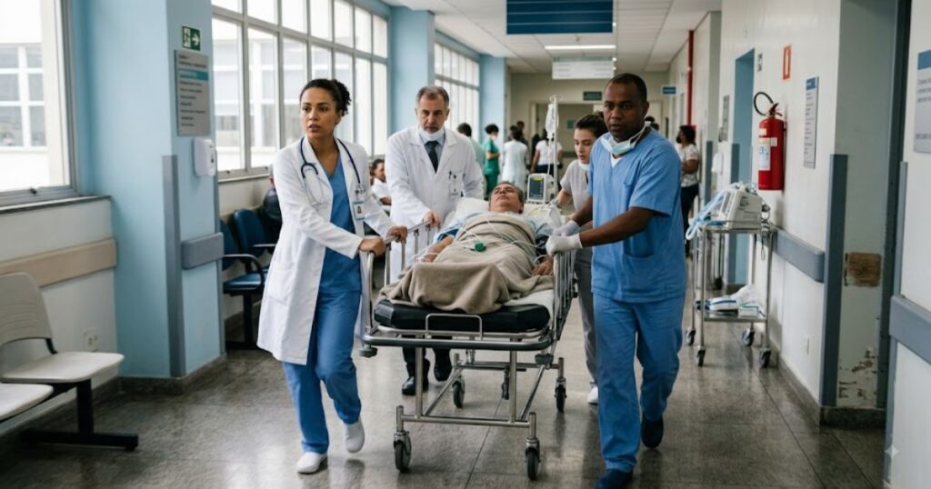 Equipe medica conduzindo com urgencia uma maca com paciente por um corredor de hospital
