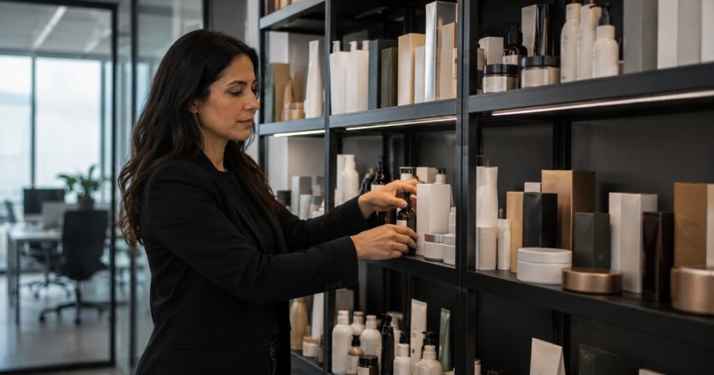 Designer organizando amostras de embalagens genéricas de produtos em prateleira, classificando por categoria