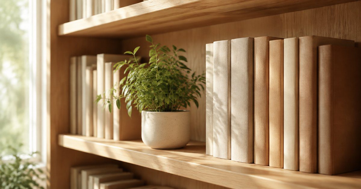 Estante clara com livros de lombadas neutras e planta sob luz natural lateral