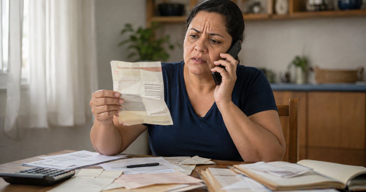 Mulher indignada negociando por telefone sobre dívida antiga já paga, cena editorial