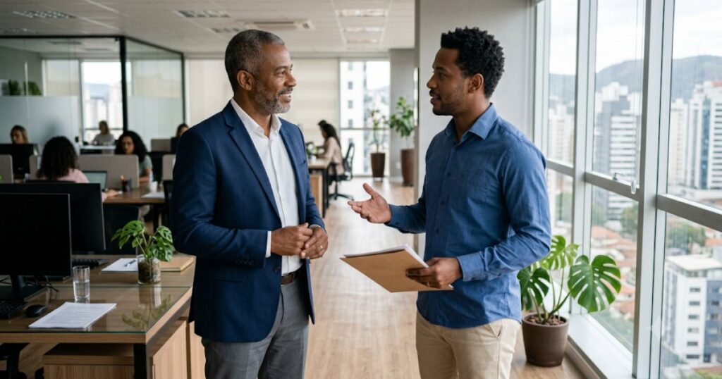 Empresario conversando cordialmente com funcionario em pe no escritorio