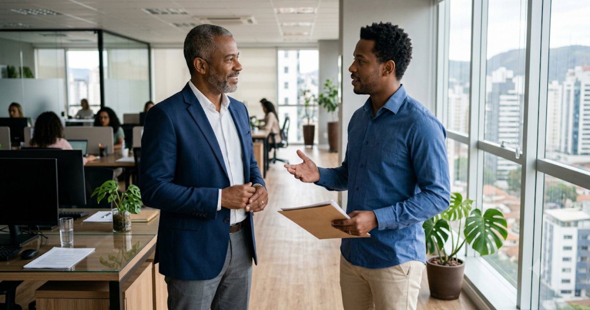 Empresario conversando cordialmente com funcionario em pe no escritorio