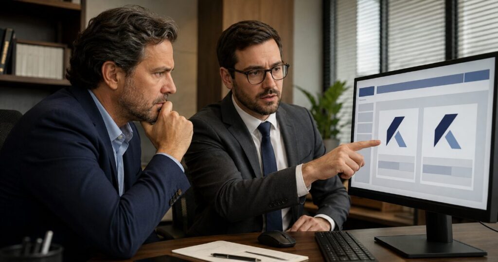 Empresário e advogado analisando em um monitor um pedido de marca de concorrente e discutindo estratégia