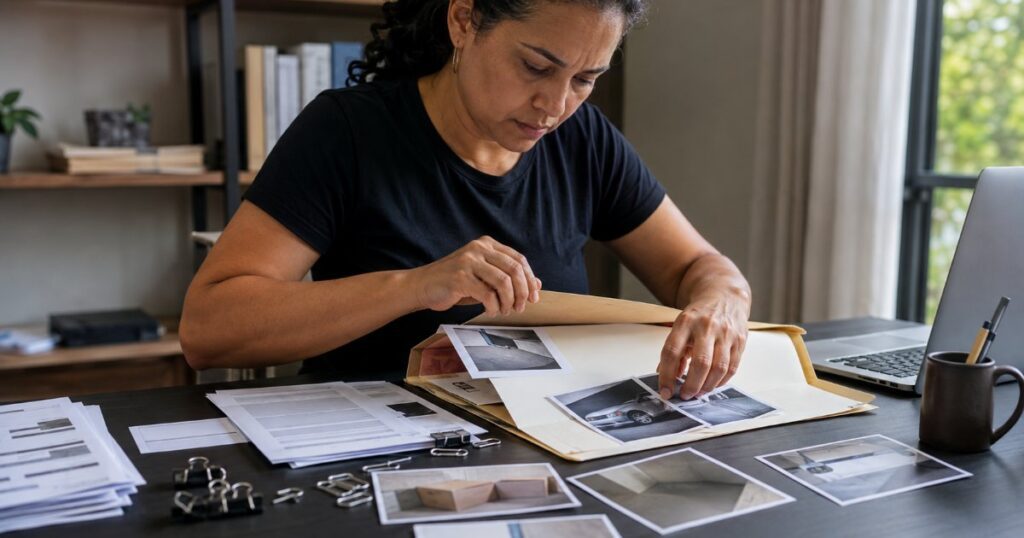 Mulher organizando pasta com fotos e documentos como evidências, cena editorial sobre como provar dano moral