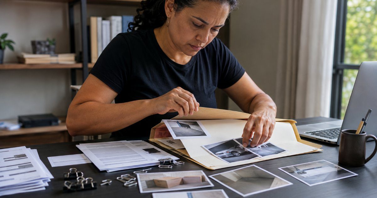 Mulher organizando pasta com fotos e documentos como evidências, cena editorial sobre como provar dano moral