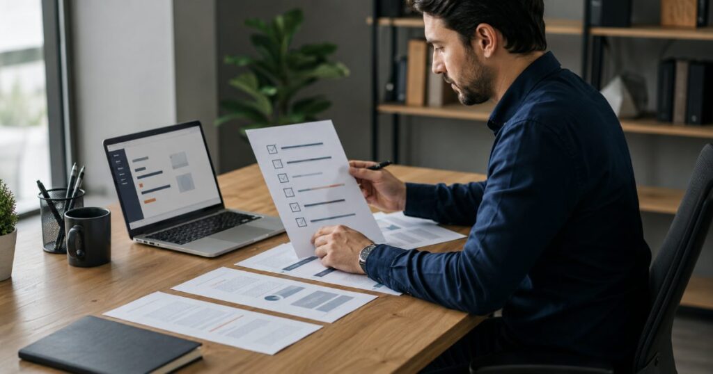 Pessoa organizada em mesa de escritório seguindo uma sequência de etapas com checklist impressa e notebook aberto