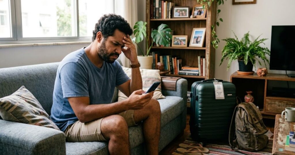 Homem insatisfeito em casa com mala pronta olhando celular, cena editorial sobre mudança de voo sem aviso