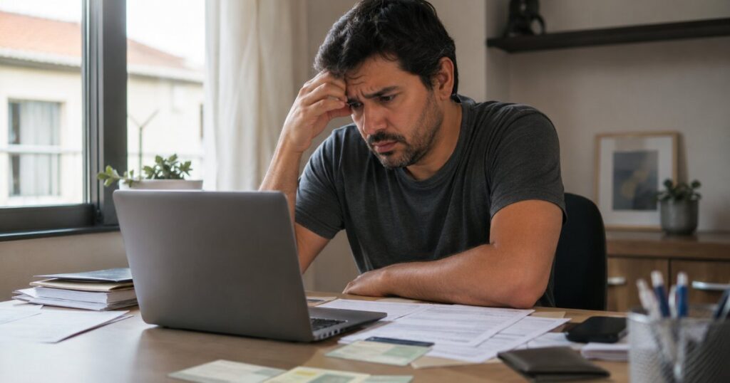 Pessoa preocupada olhando documentos e notebook, cena editorial sobre dados pessoais