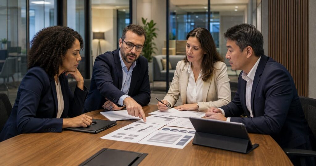 Equipe corporativa em reunião de governança revisando políticas internas e procedimentos de conformidade
