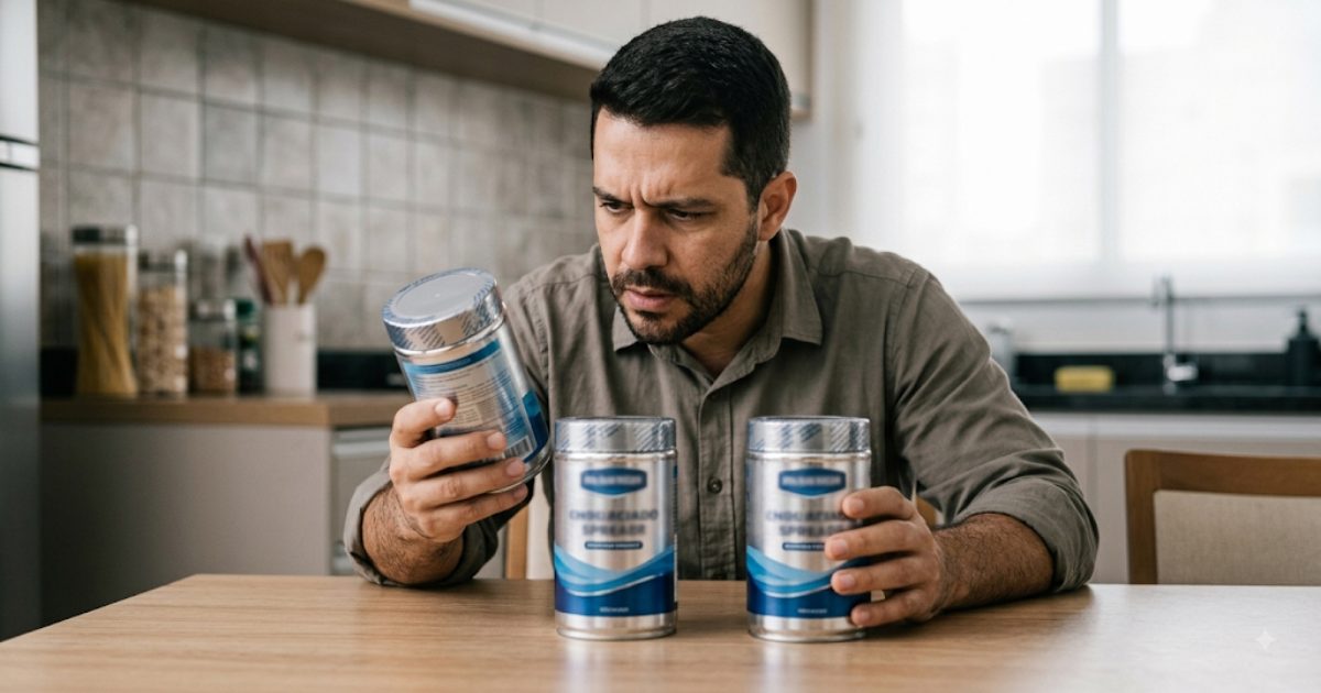 Consumidor confuso comparando dois produtos de embalagens muito parecidas sobre a mesa