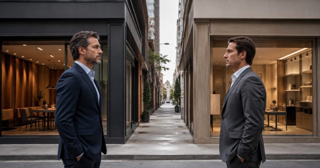 Dois empresários de empresas diferentes frente a frente cada um com sua fachada comercial ao fundo