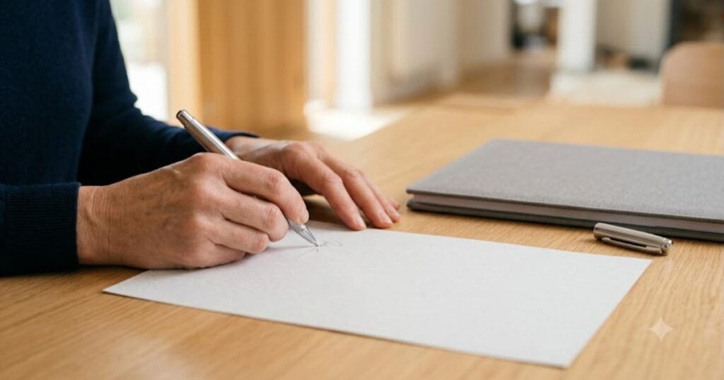 Pessoa assinando um documento sobre mesa de madeira clara ao lado de caneta e pasta cinza