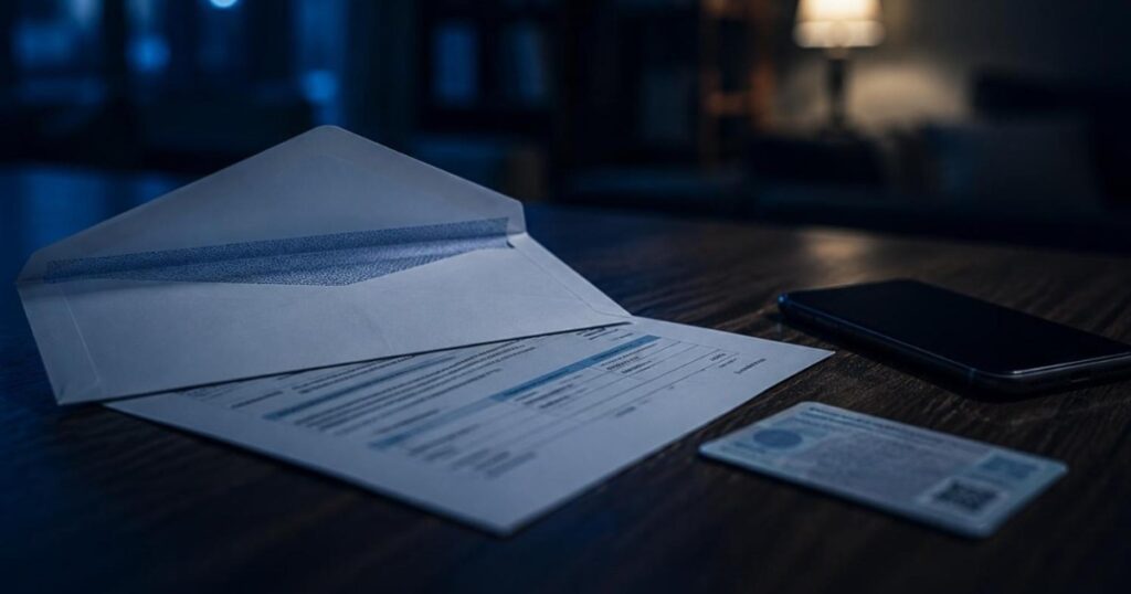 Envelope aberto com carta de banco e documento sobre a mesa, em caso de conta bancária aberta em nome de terceiro