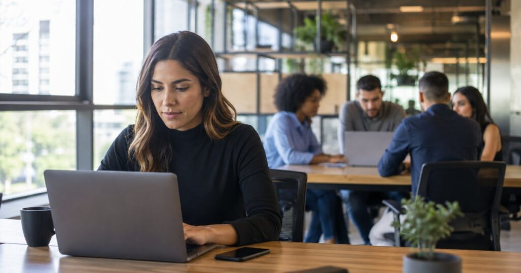 Profissional autonomo com notebook em mesa de coworking com equipe ao fundo