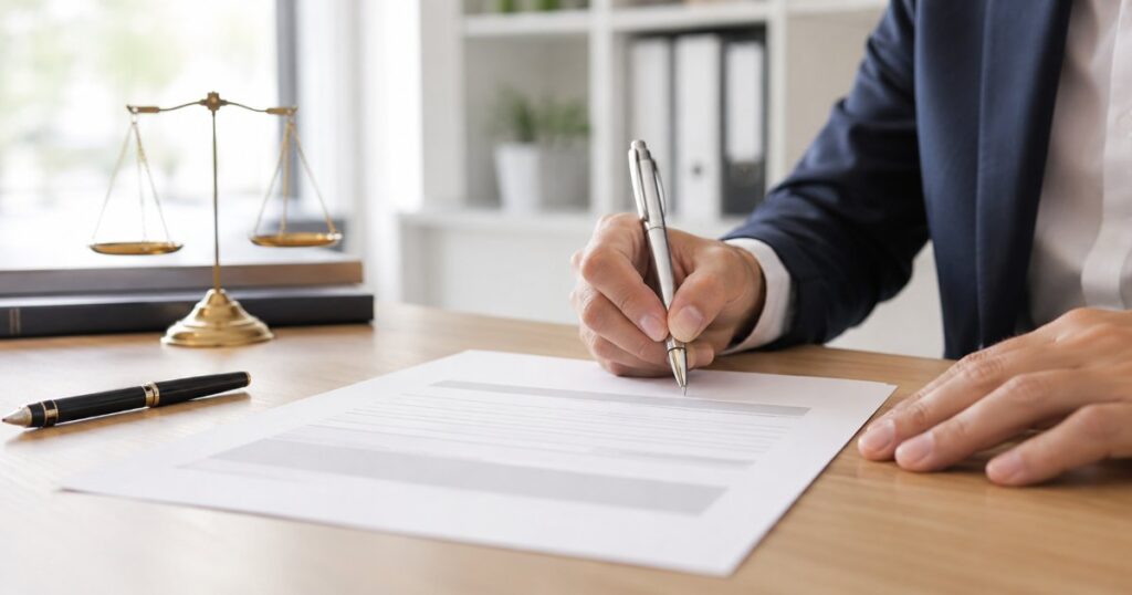 Pessoa assinando um contrato de adesão em mesa de escritório