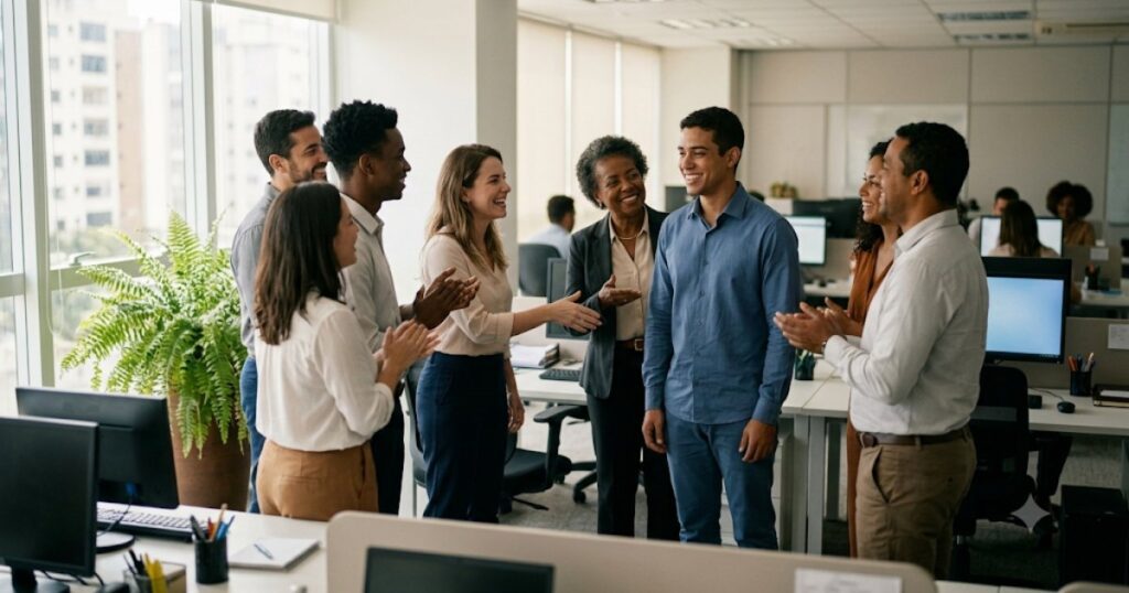 Novo funcionario sendo apresentado a equipe em escritorio
