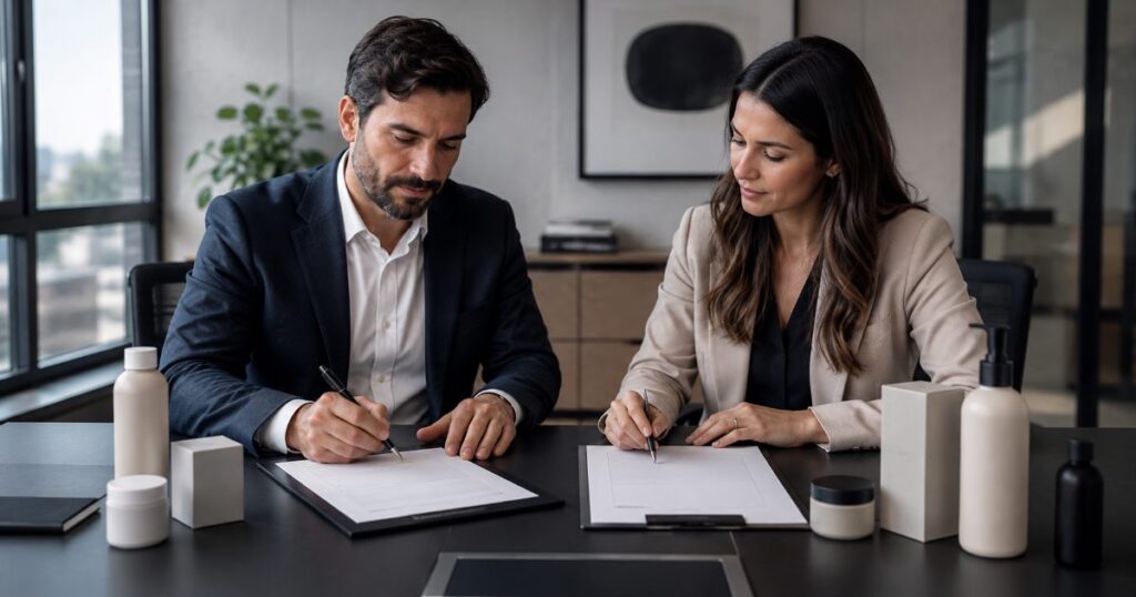Reunião corporativa para assinatura de contrato de licenciamento de marca com produtos sobre a mesa