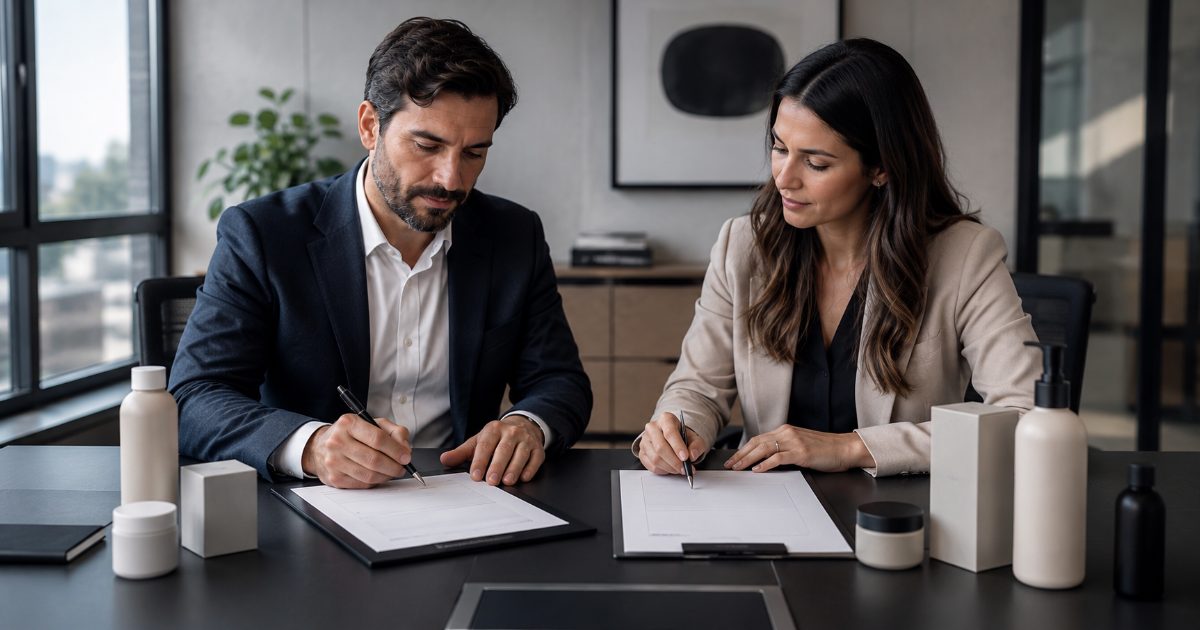 Reunião corporativa para assinatura de contrato de licenciamento de marca com produtos sobre a mesa