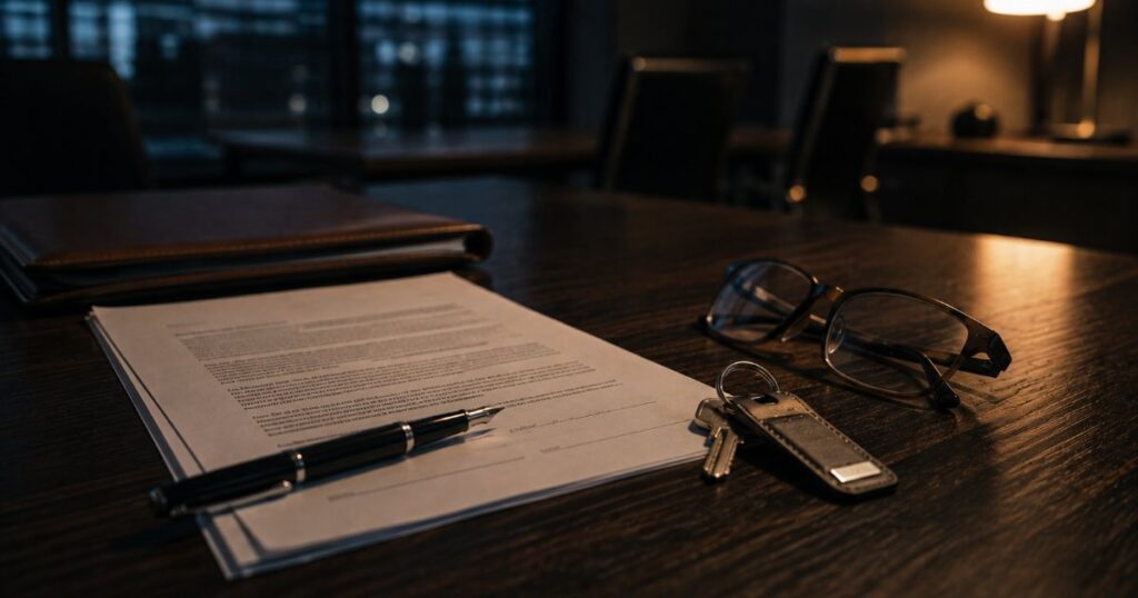 Contrato impresso sobre mesa de madeira escura com caneta, oculos de leitura e molho de chaves ao lado