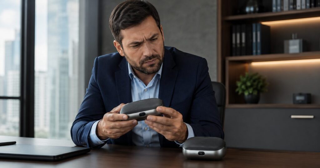 Empresário comparando seu produto original com uma versão copiada semelhante sobre a mesa com preocupação