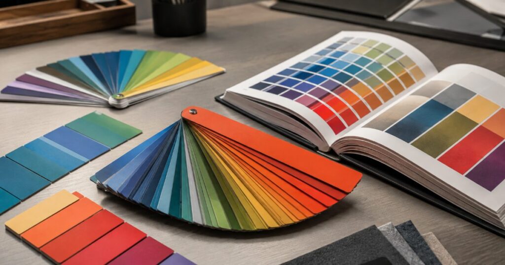 Leque de amostras de cores e cartões de tons vibrantes dispostos sobre uma mesa de design ao lado de catálogo