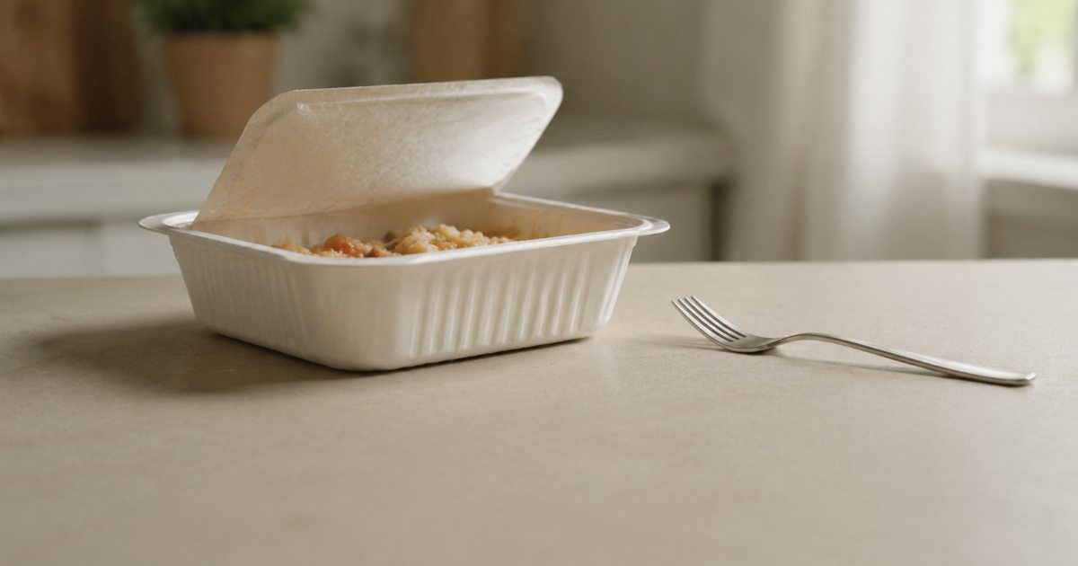marmita de comida aberta com garfo sobre mesa