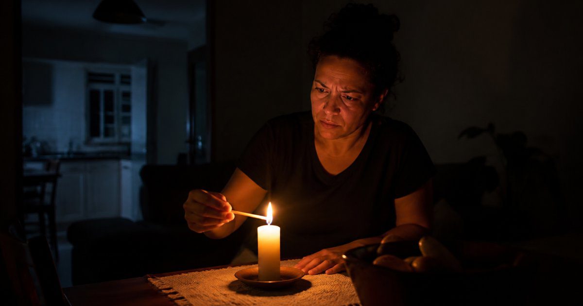 Mulher acendendo vela à noite em casa sem energia, cena editorial sobre corte de energia sem aviso