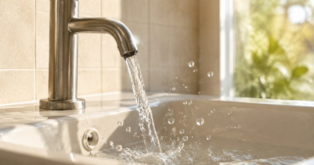 Agua limpa caindo de uma torneira sobre pia clara sob luz natural
