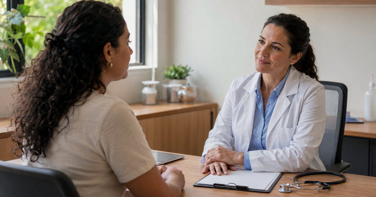 Paciente conversando com médica em consultório acolhedor, cena editorial sobre dano estético