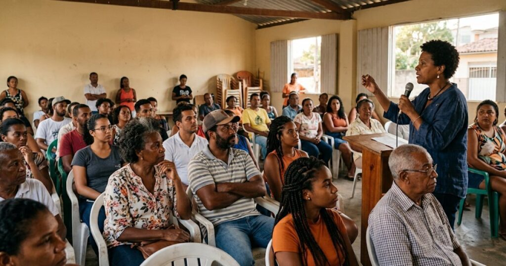 Grupo de pessoas reunidas em salão comunitário ouvindo palestrante, cena editorial sobre dano moral coletivo