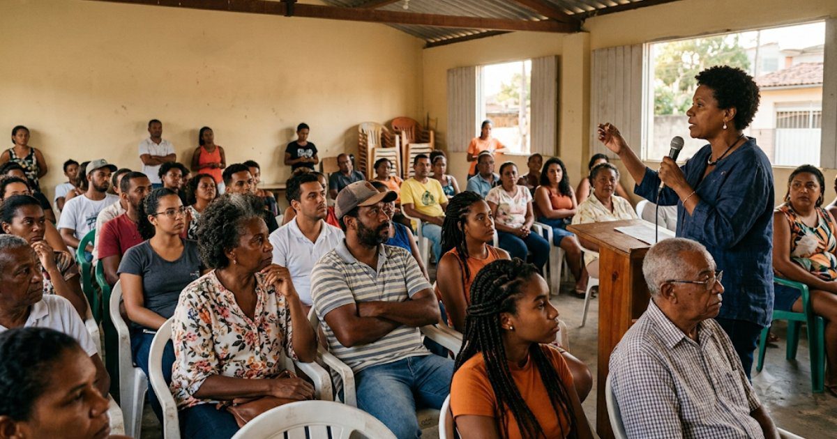 Grupo de pessoas reunidas em salão comunitário ouvindo palestrante, cena editorial sobre dano moral coletivo
