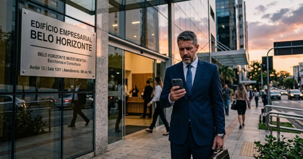 Profissional preocupado em frente a edifício comercial olhando o celular, cena editorial sobre questões jurídicas e materiais