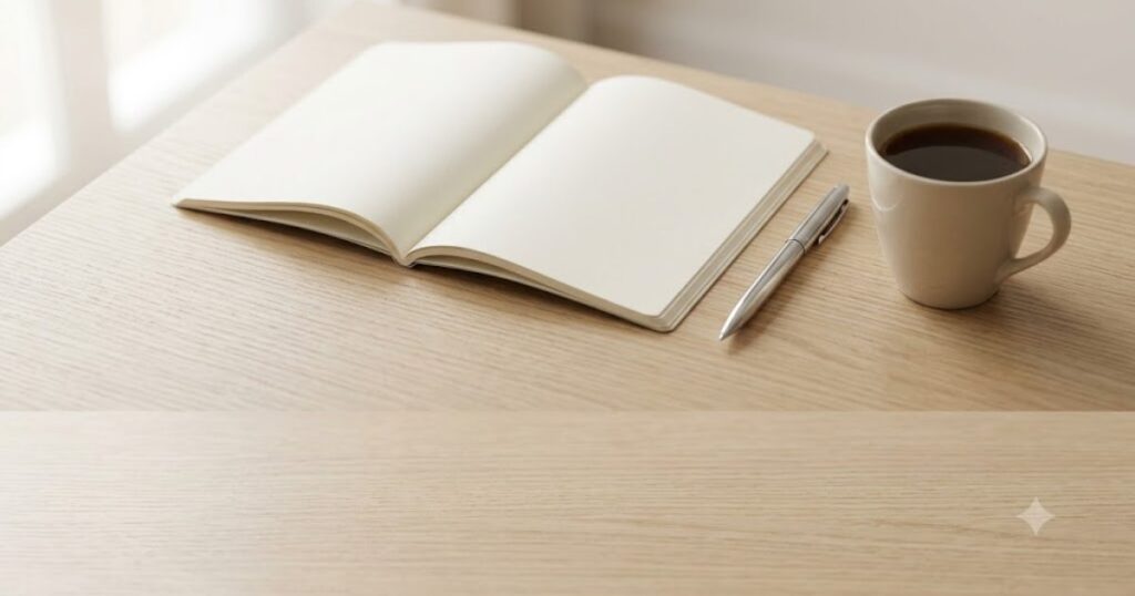 Mesa de madeira clara com caderno aberto de paginas em branco, caneta e xicara de cafe, luz natural