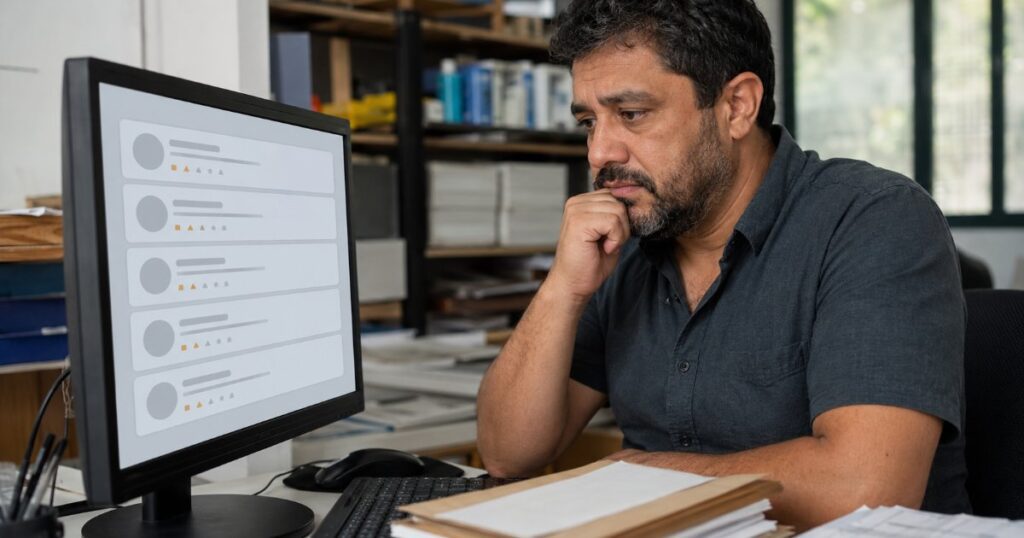 Empresário preocupado olhando reclamações online sobre seu negócio, cena editorial sobre dano moral à pessoa jurídica