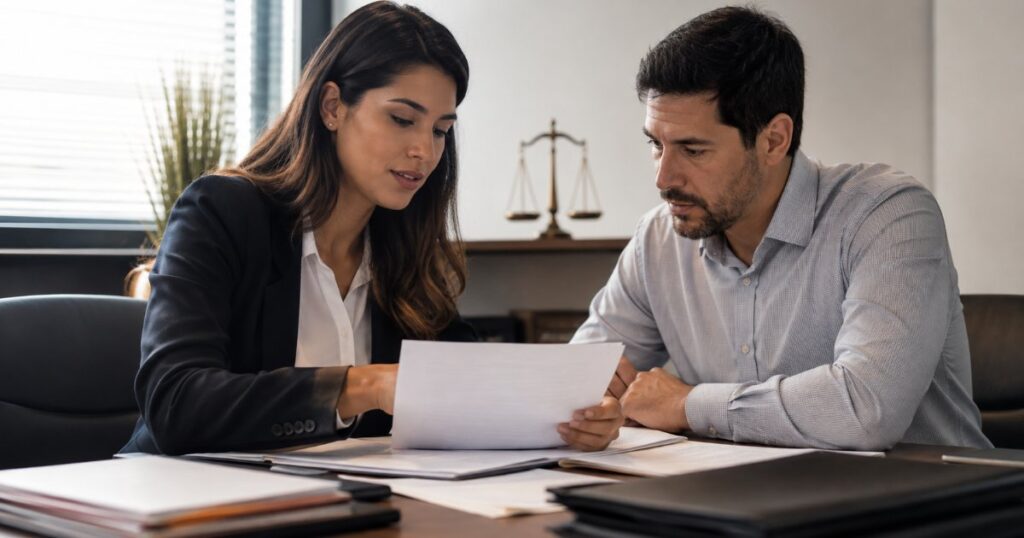Advogada e cliente revisando documentos em escritório, cena editorial jurídica