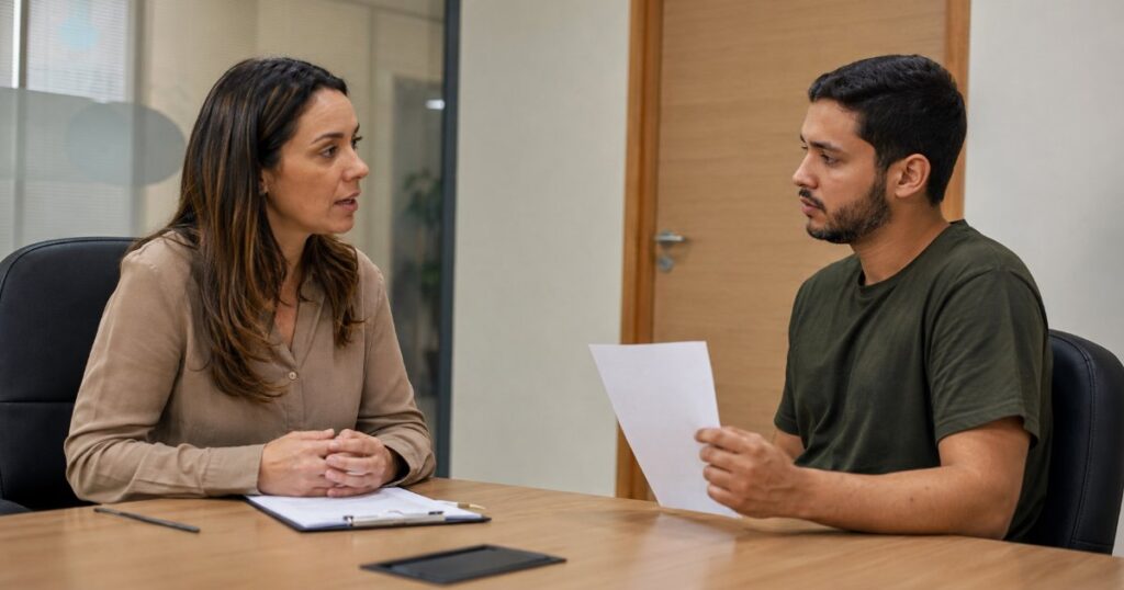 Gestor comunicando dispensa a funcionario com atestado medico na mao