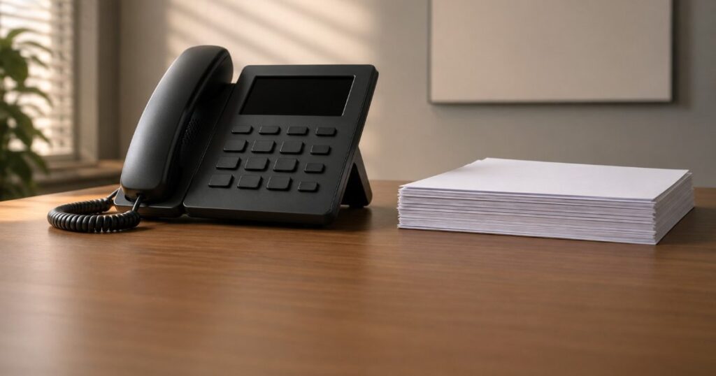 telefone fixo de escritorio ao lado de pilha de papeis