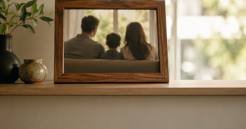 Retrato de familia em moldura de madeira sobre estante, luz suave de tarde