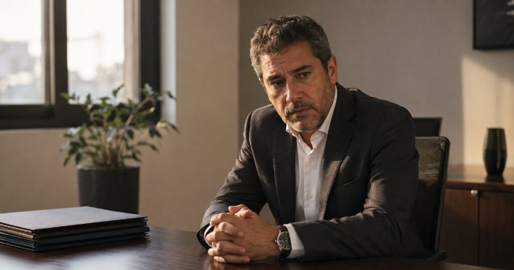 Empresario preocupado sentado sozinho a mesa do escritorio