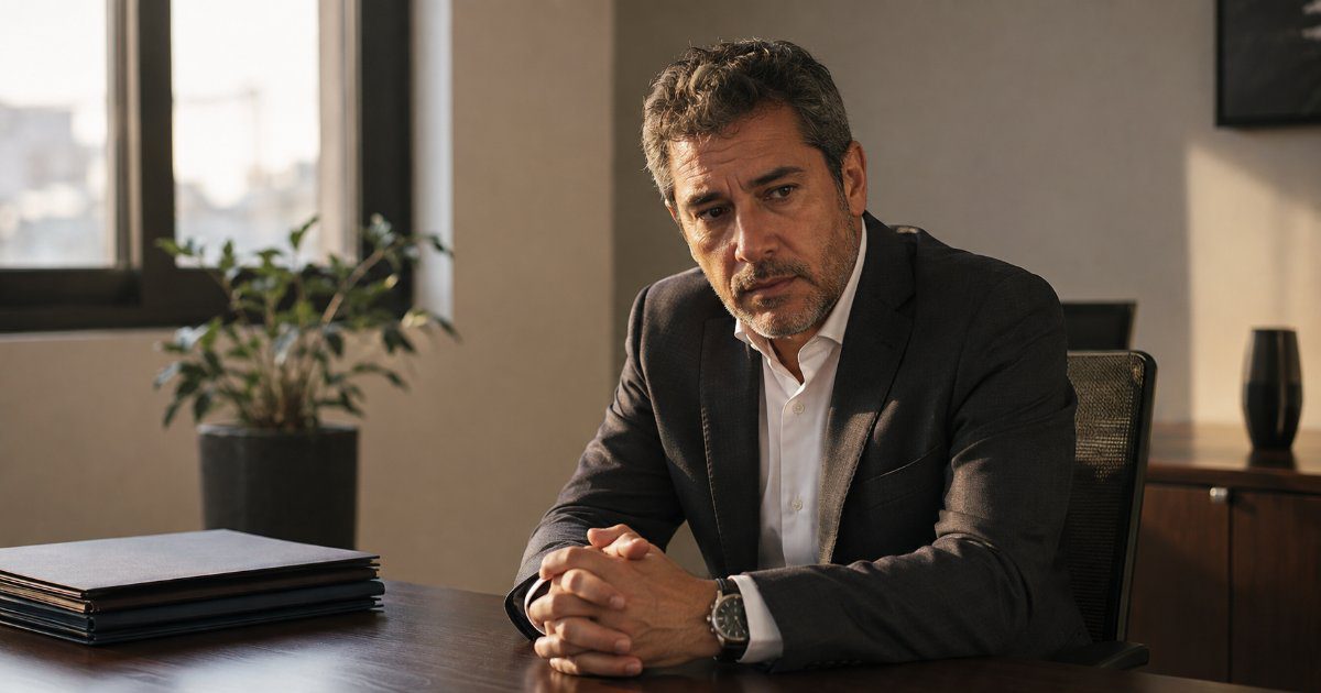Empresario preocupado sentado sozinho a mesa do escritorio