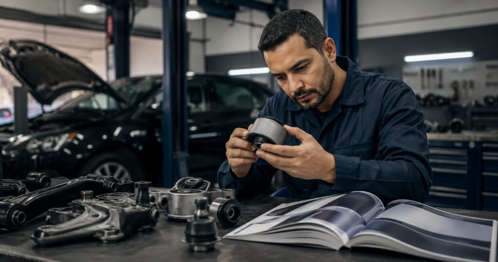 Técnico examinando peça automotiva de reposição em oficina ao lado de catálogo técnico