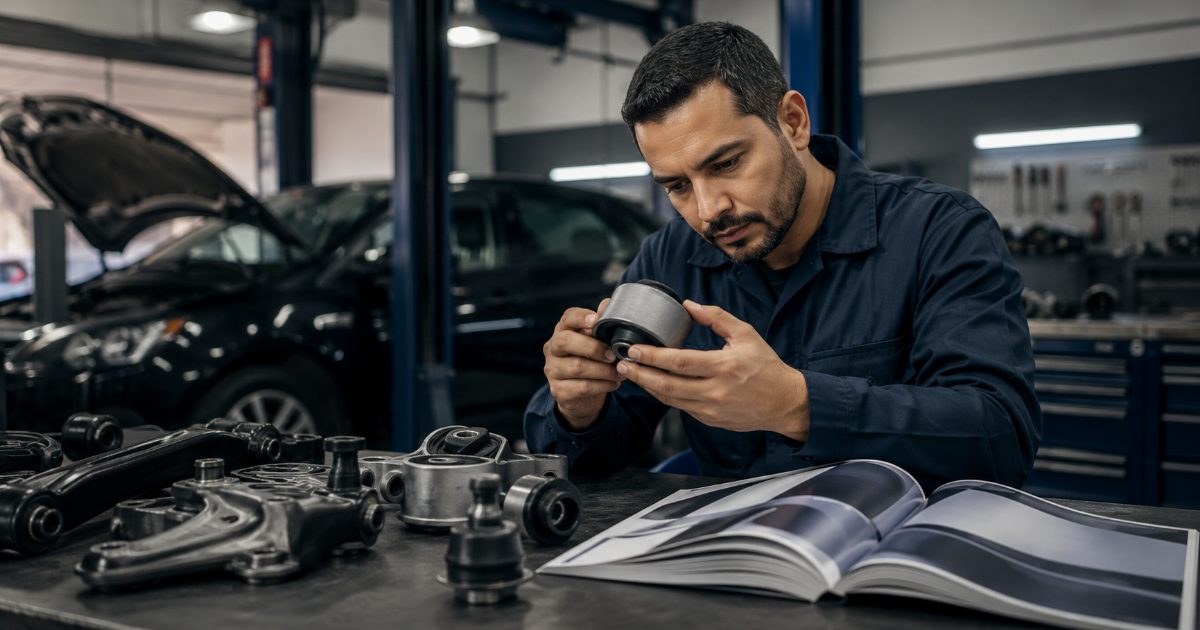 Técnico examinando peça automotiva de reposição em oficina ao lado de catálogo técnico
