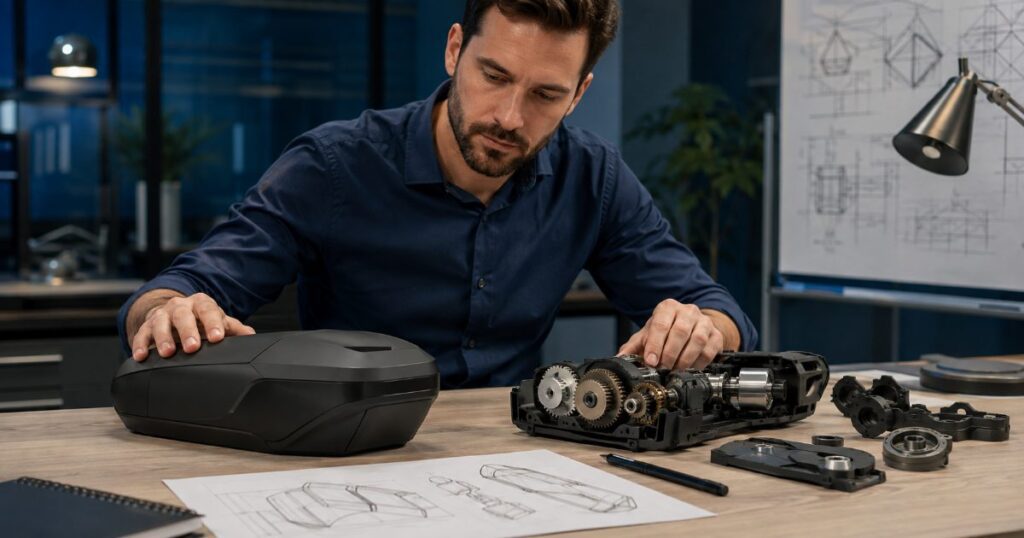 Engenheiro projetista comparando o design estético de um produto ao lado de um mecanismo técnico funcional