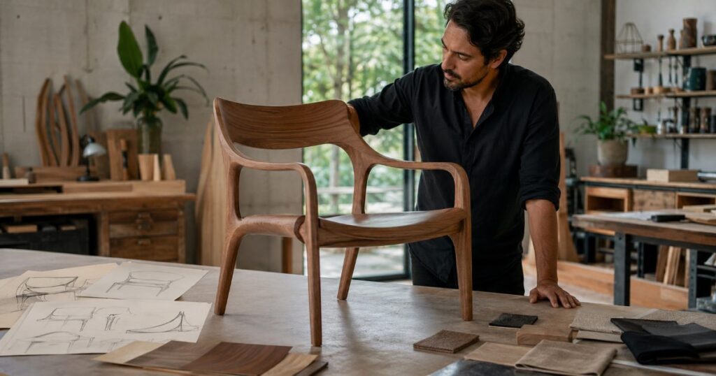 Designer de móveis em ateliê observando cadeira de design autoral ao lado de esboços e amostras de madeira