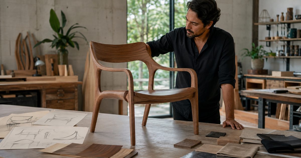 Designer de móveis em ateliê observando cadeira de design autoral ao lado de esboços e amostras de madeira