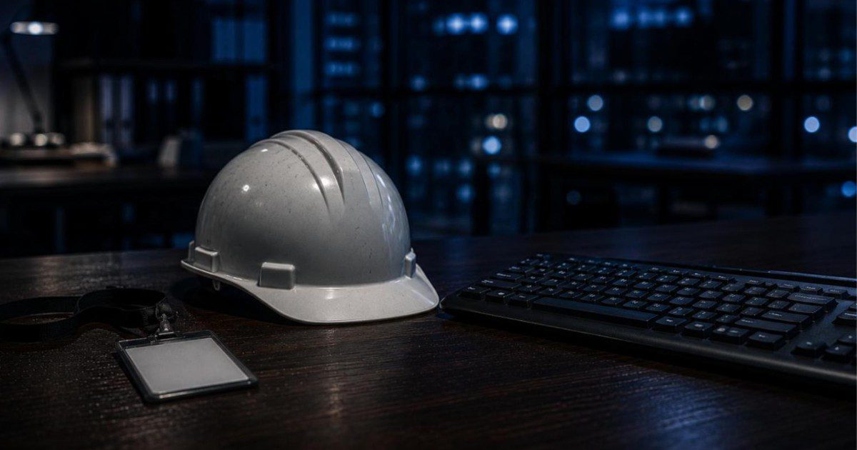 Capacete de obra branco, cracha de identificacao e teclado de computador sobre mesa escura, ilustrando acumulo de funcoes distintas no trabalho