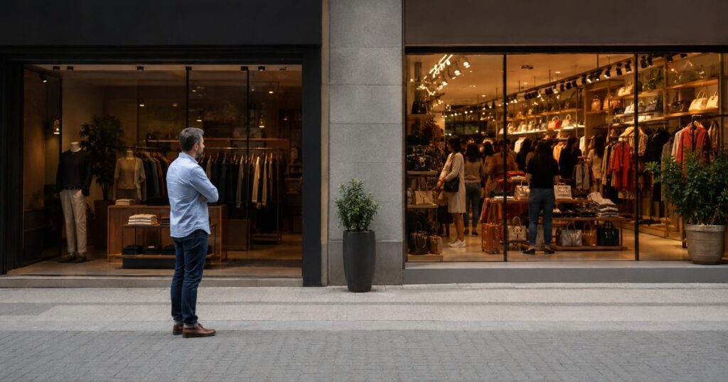 Dono de loja observando cliente sendo atraído por estabelecimento concorrente vizinho