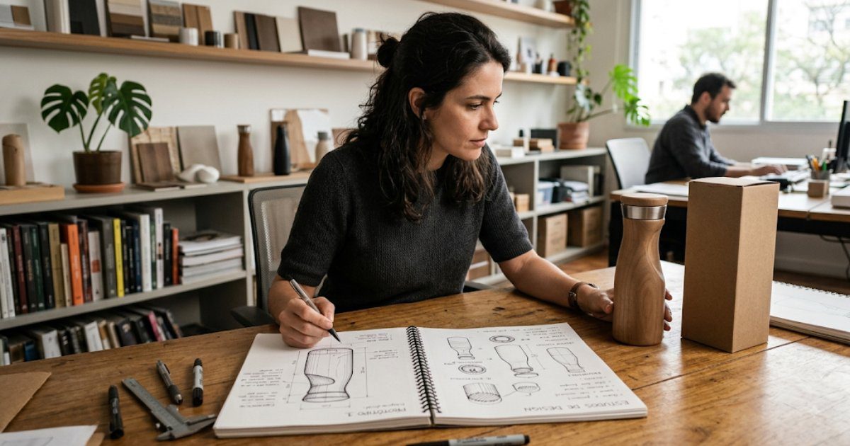 Designer esboçando o desenho de um produto ao lado de embalagem genérica sobre a mesa do estúdio